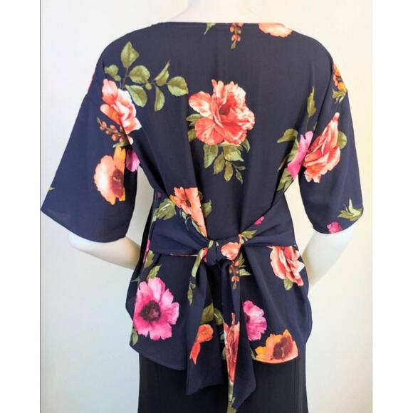 West Kei Floral Blouse Medium P Navy Pink Orange Green Tie Waist Half Sleeve - Picture 8 of 12